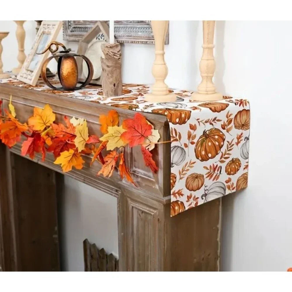 Fall Table Runner 13x72in Woven Polyester Pumpkins Leaves